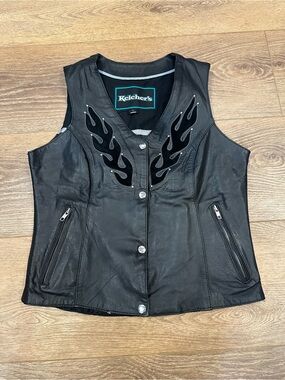 Keleher's Black Leather Studded Flame Vest M Bikercore
